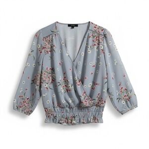 Eclair Floral‎ Wrap Blouse Women Small Blue Smocked Waist 3/4 Sleeve  fairycore